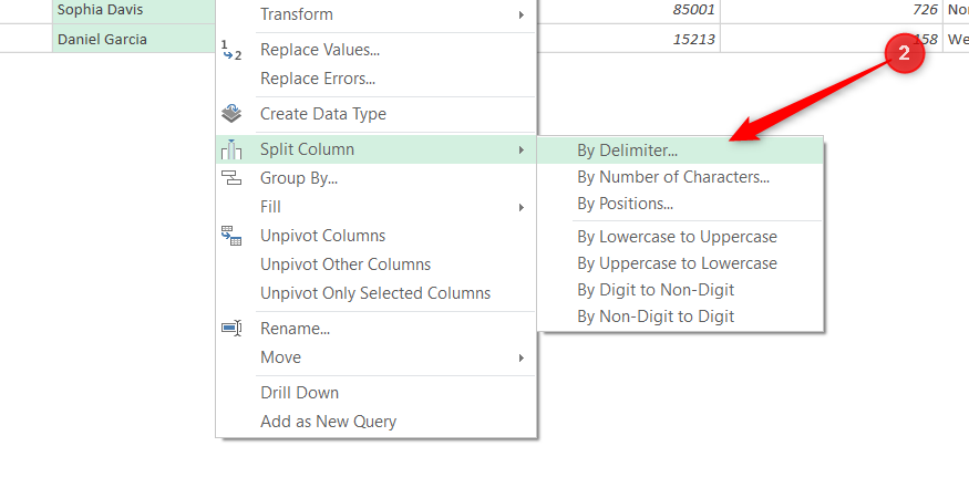 By Delimiter is selected in the Split Column menu of Excel's Power Query Editor.