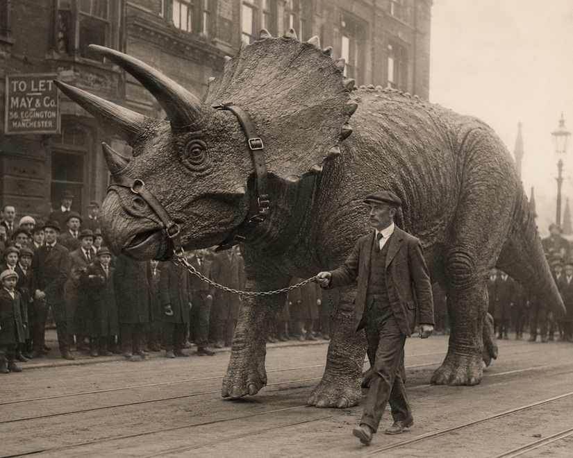 ChatGPT generated alternate timeline historical photo of a man leading a triceratops on a leash.