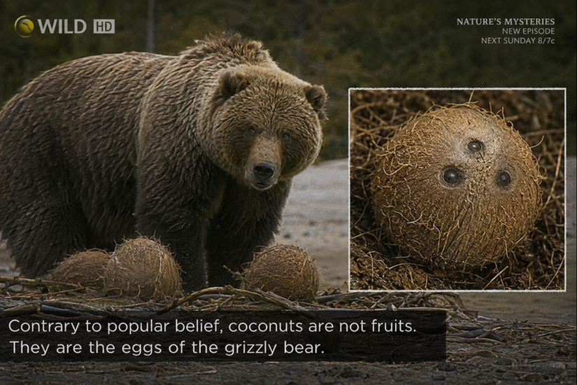 ChatGPT generated fake nature documentary screenshot claiming coconuts are the eggs of the grizzly bear.