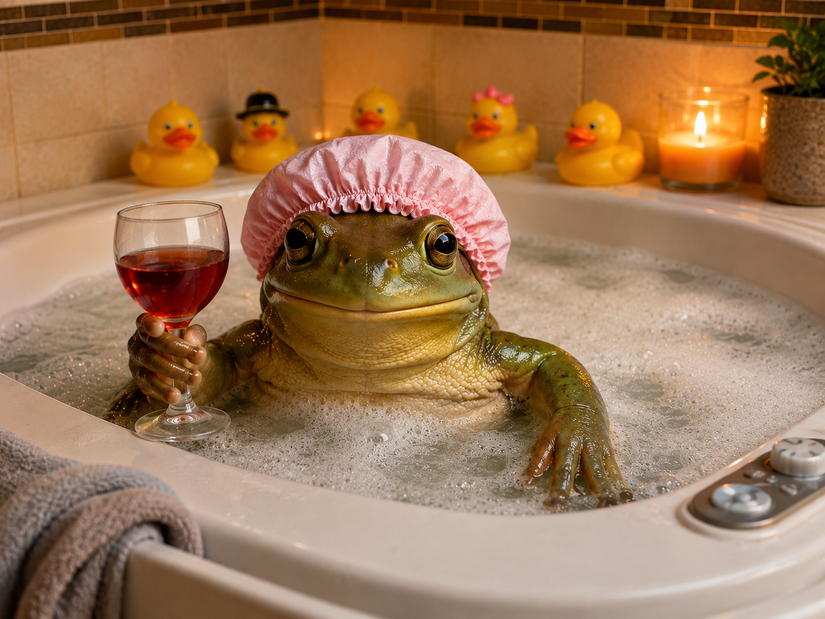 ChatGPT generated image of a frog wearing a shower cap in a bubble bath holding a wine glass.