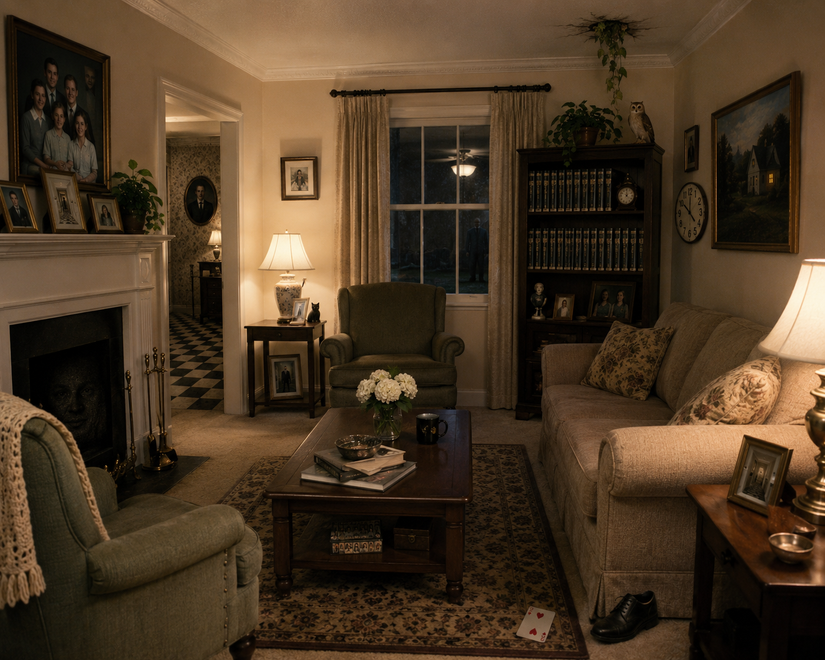 ChatGPT generated image of a normal looking living room with hidden unsettling details.