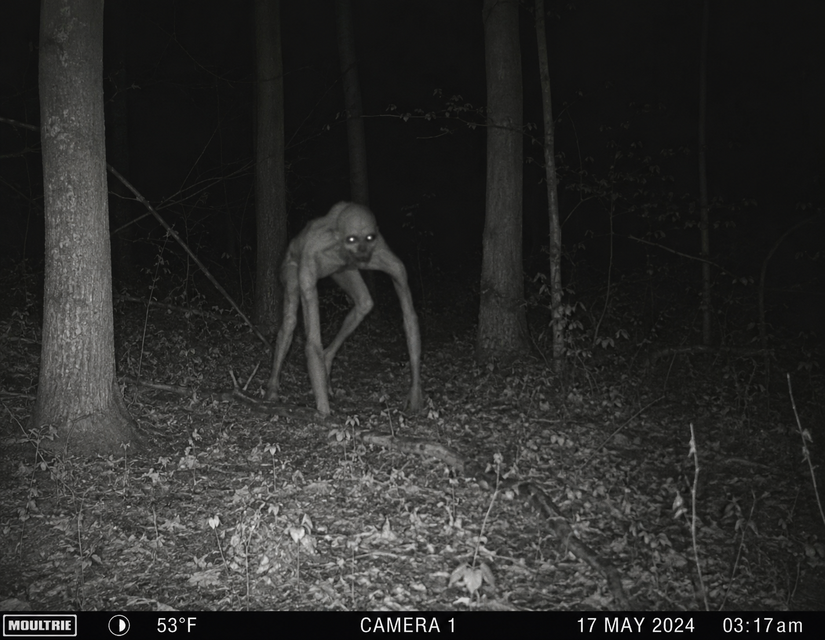 ChatGPT generated trail camera image of an unidentified creature in a forest at 3.17am.