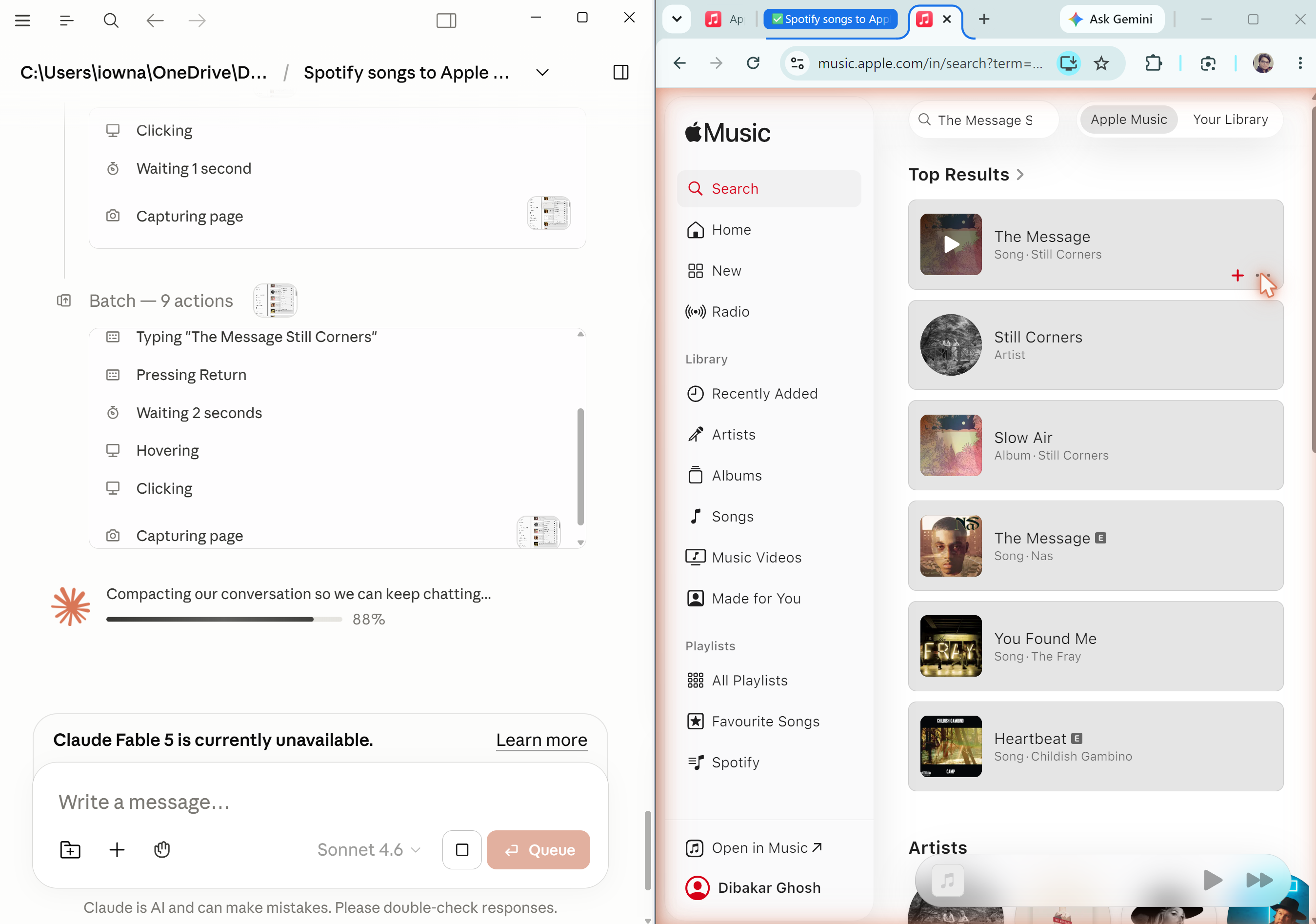 Claude adding The Message by Still Corners to Apple Music via browser control with the conversation compacting at 88 percent.