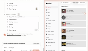 Claude adding The Message by Still Corners to Apple Music via browser control with the conversation compacting at 88 percent.