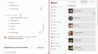 Claude adding The Message by Still Corners to Apple Music via browser control with the conversation compacting at 88 percent.