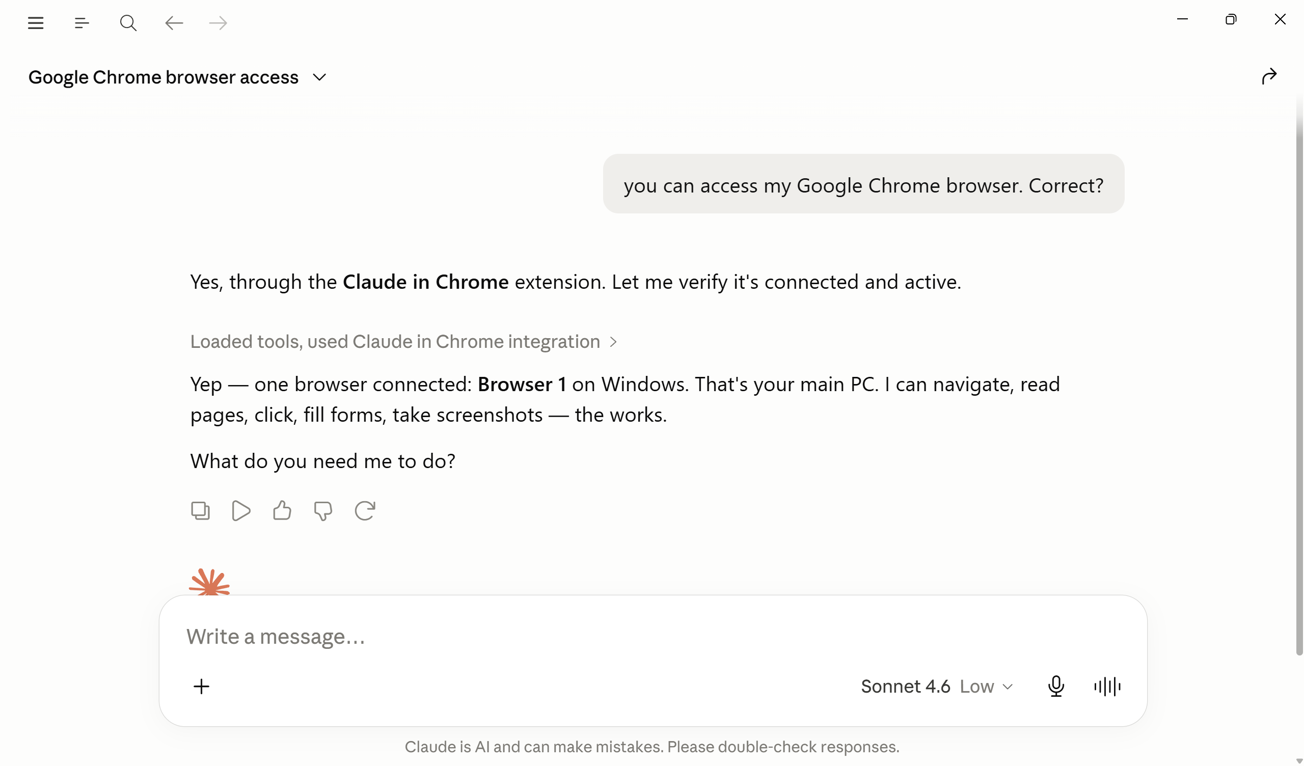 Claude chat confirming Chrome browser access is connected via the Claude in Chrome extension.