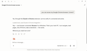 Claude chat confirming Chrome browser access is connected via the Claude in Chrome extension.