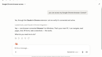 Claude chat confirming Chrome browser access is connected via the Claude in Chrome extension.