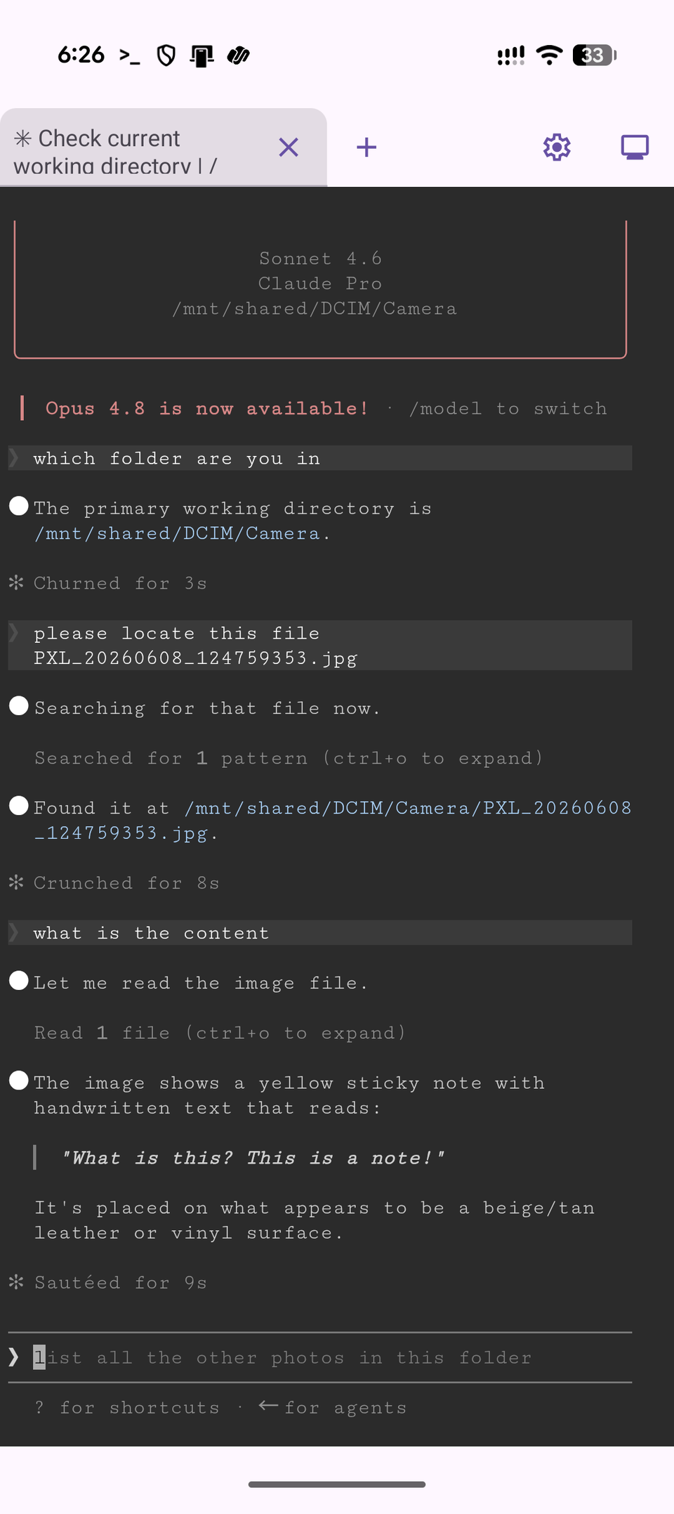 Claude Code in DCIM Camera folder reading a sticky note photo and describing its handwritten text.