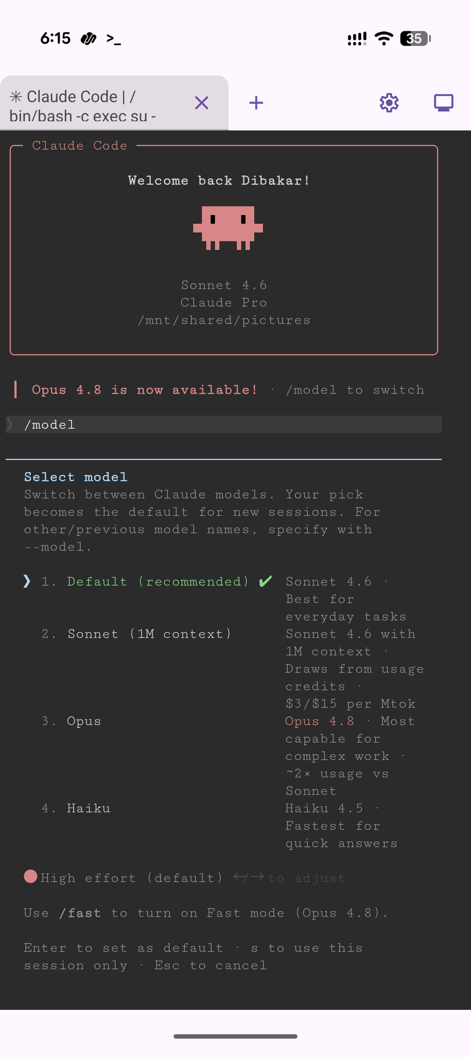 Claude Code model selection menu showing Sonnet 4.6 Opus and Haiku options with descriptions and pricing.