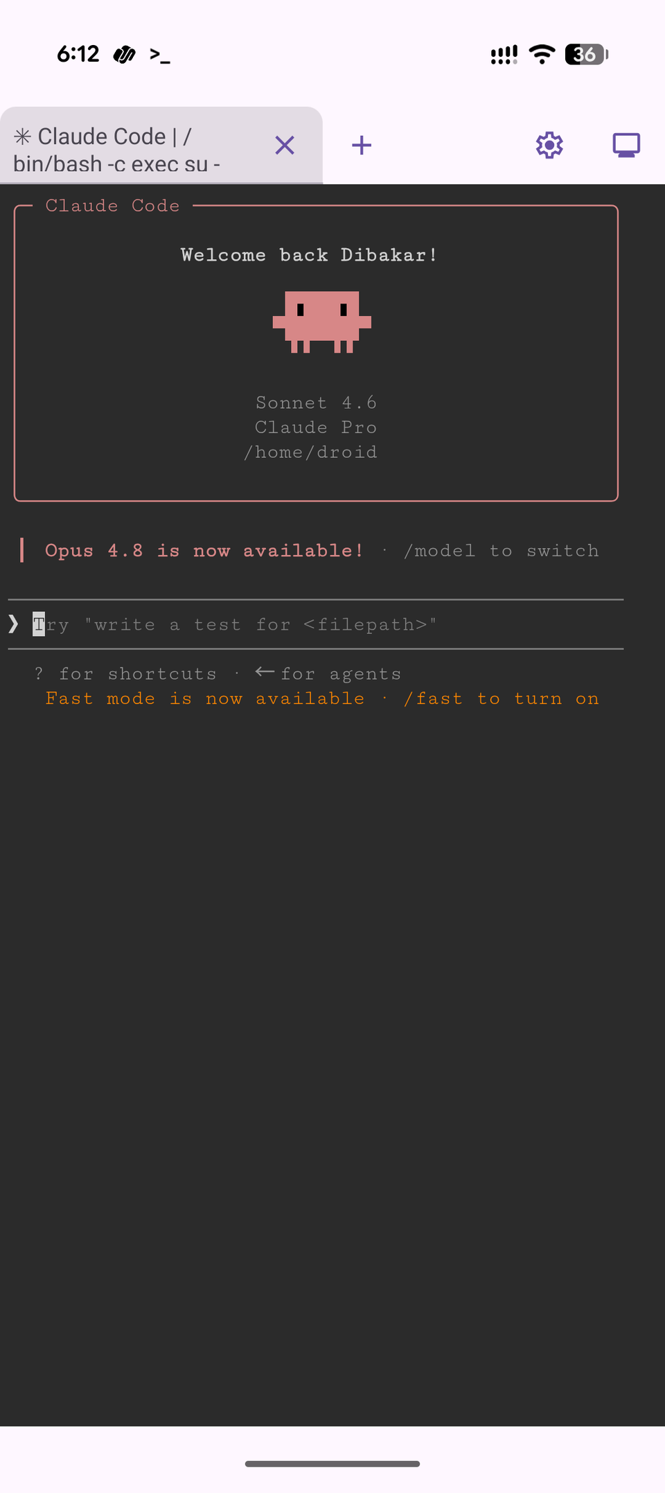 Claude Code welcome screen showing Sonnet 4.6 on Claude Pro logged in at home droid directory.