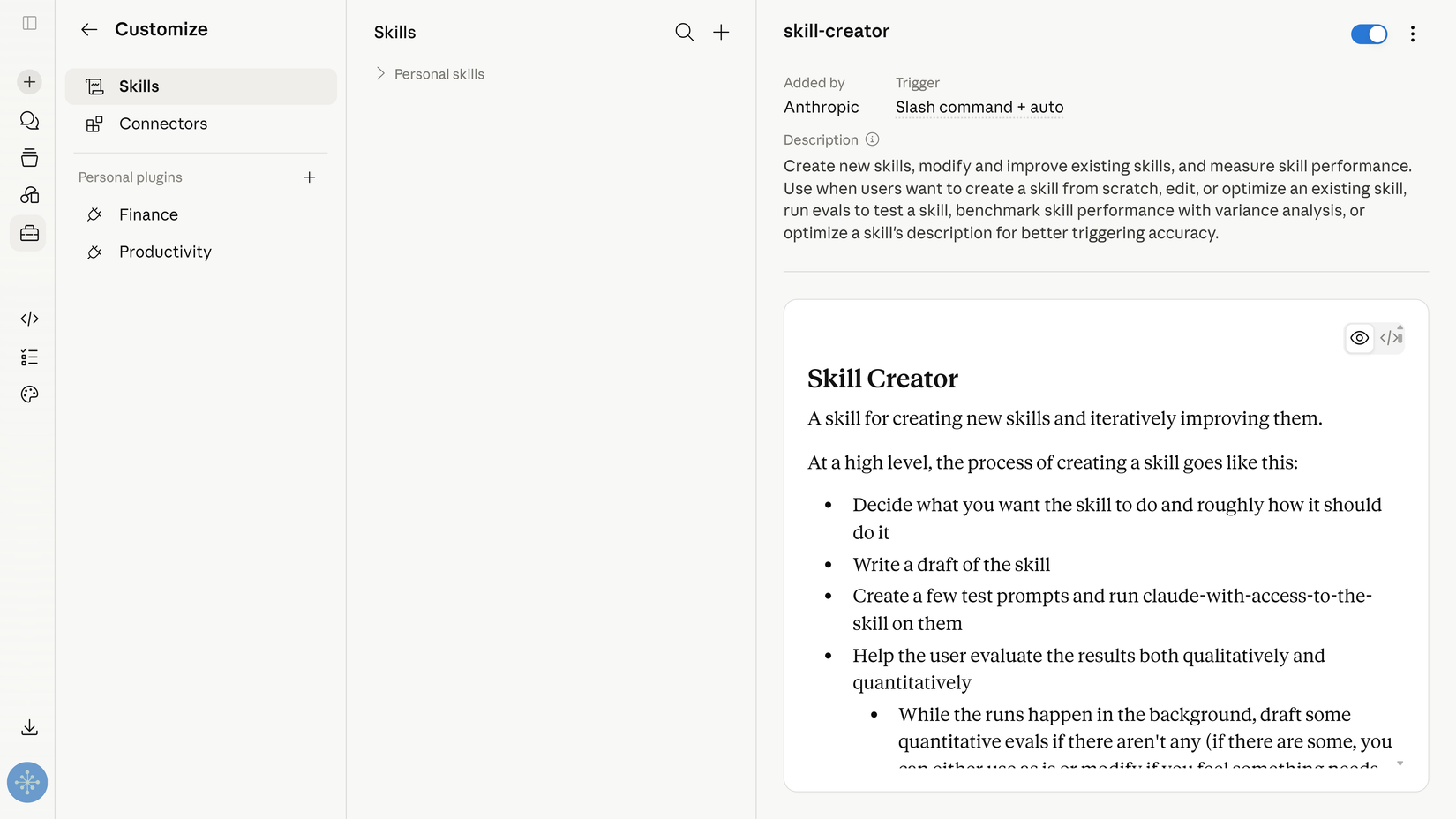 Claude Customize panel showing the skill-creator detail page with Anthropic as author and full skill description.