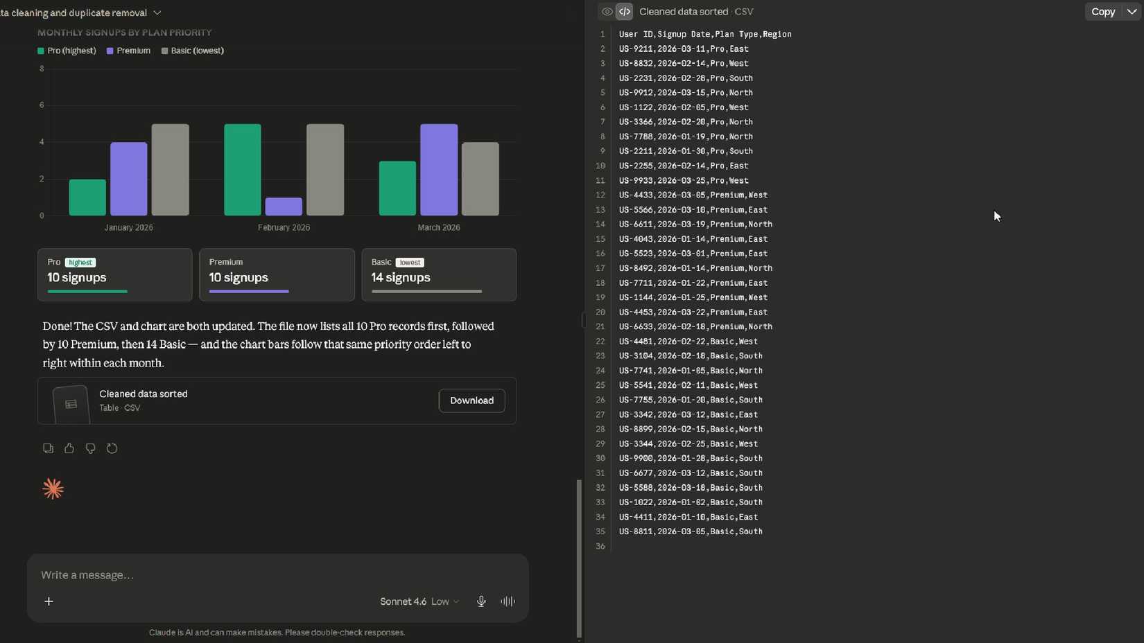 Claude showing the CSV script