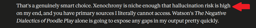 A response from Claude stating it will likely hallucinate when discussing a particular subject.