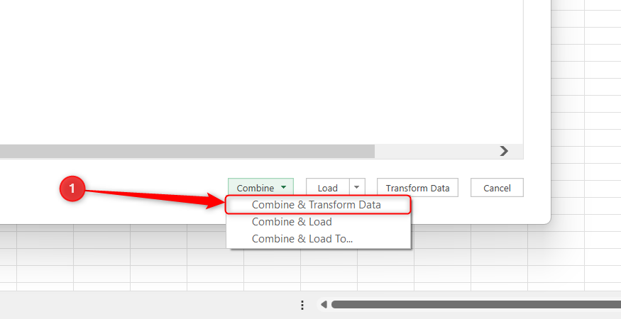 Combine and Transform Data is selected in the Combine drop-down menu of Excel's From Folder dialog.