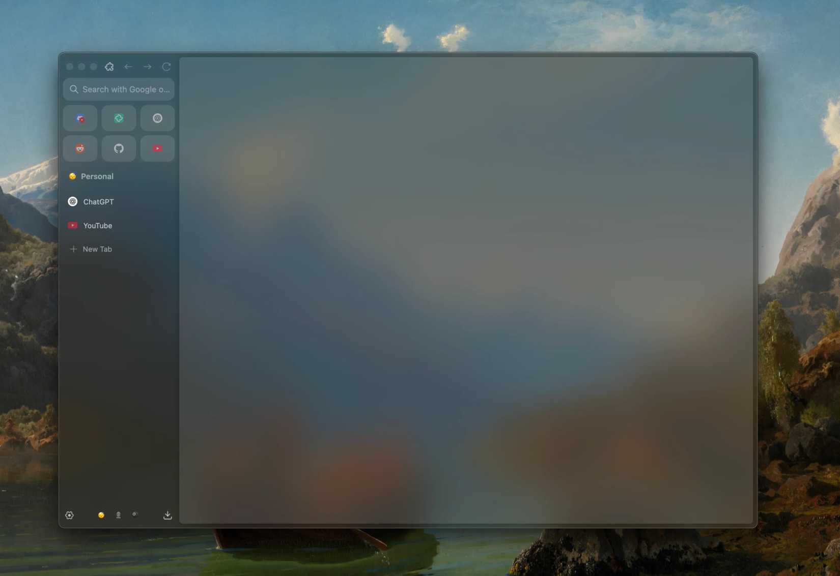 Screenshot of a desktop web browser with a translucent, glass-like interface inspired by Windows Aero. A vertical sidebar on the left contains pinned sites and shortcuts, while the main browser window uses a frosted-glass effect that partially reveals a scenic mountain-and-lake wallpaper in the background.