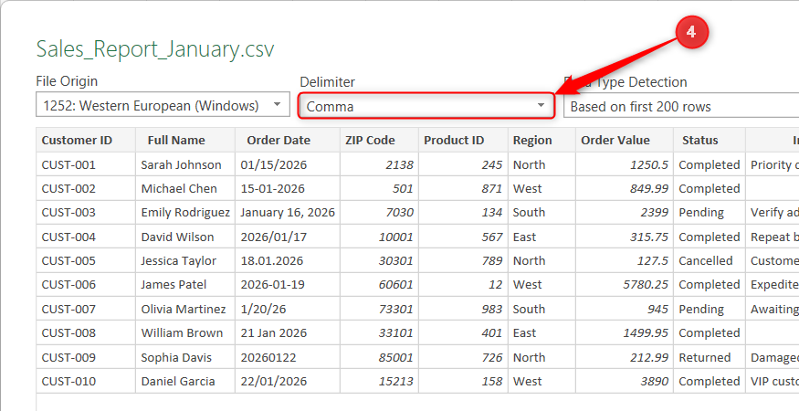 Comma is selected as the delimiter in the Excel import window.