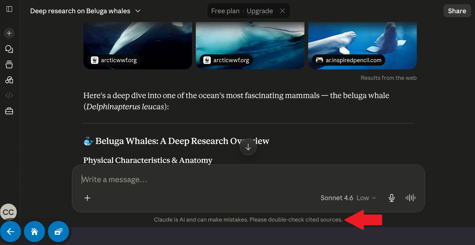 Conducting reseach on Beluga Whales in Claude with the disclaimer at the bottom stating 'AI models can make mistakes, please double-check them for accuracy'.