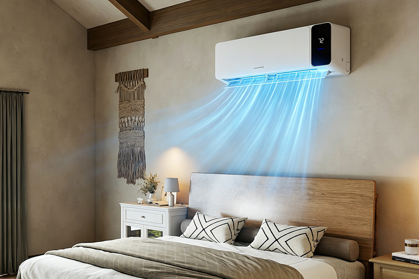 COZEWARE Vizio mini split installed above a bed blowing warm air
