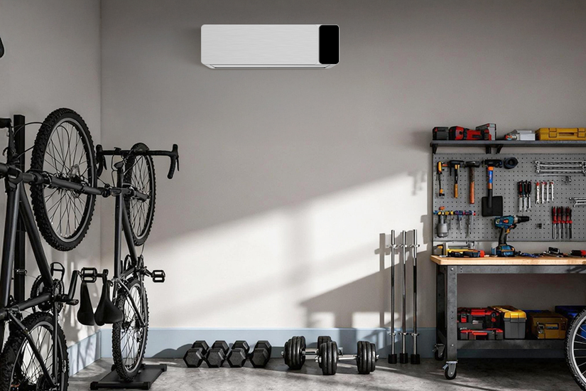 The COZEWARE Vizio mini split installed on a garage wall above bikes, weights, and a workspace