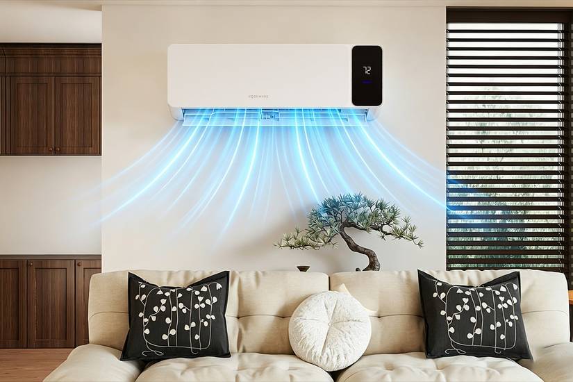 The COZEWARE Vizio mini split installed above a living room couch
