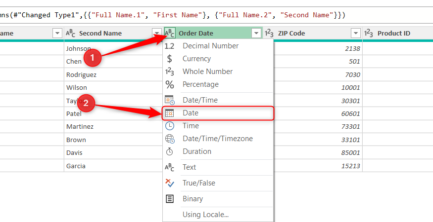 Date is selected in the number type drop-down menu of a column in Power Query Editor.
