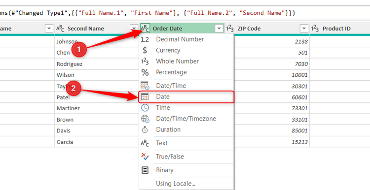 Date is selected in the number type drop-down menu of a column in Power Query Editor.