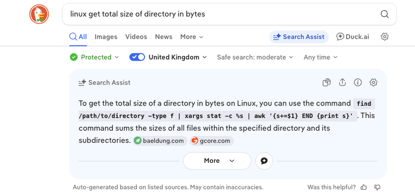 The DuckDuckGo search assist explaining how to get the total size of a directory on Linux, using a find command piped to stat and awk.