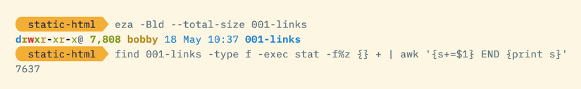 An eza command reporting a directory size of 7808B and a find command reporting a directory size of 7637B.