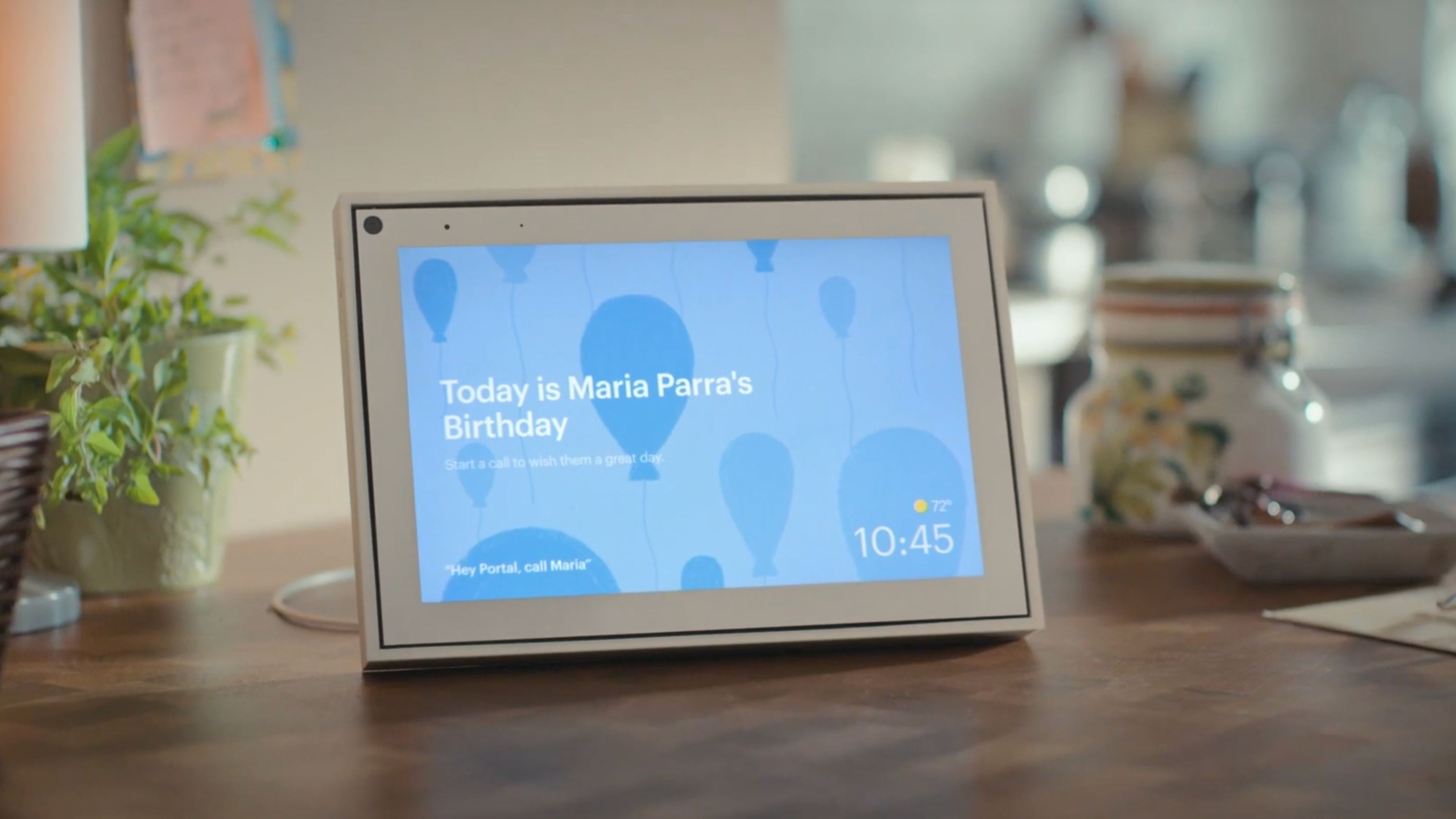 Facebook Portal in landscape mode showing a birthday.