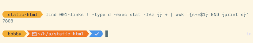 A find command printing a total size of 7808B. 