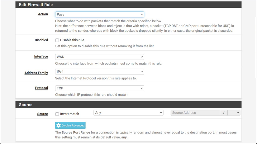Editing a firewall rule in pfSense. 
