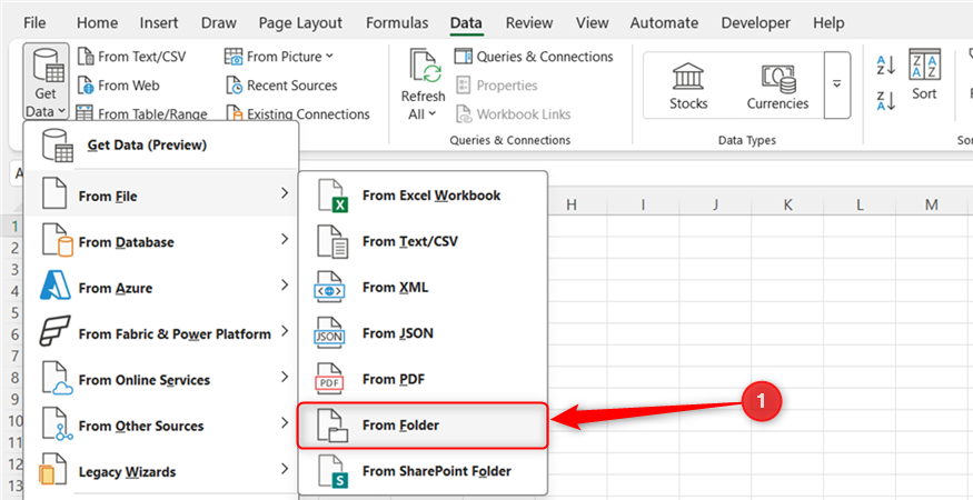 From Folder is selected in Excel's Get Data drop-down menu.