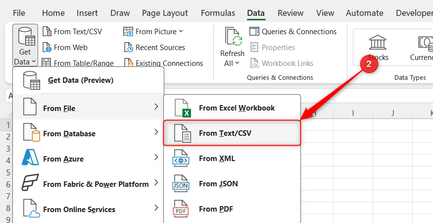 From Text/CSV is selected in the Get Data drop-down menu in Microsoft Excel.
