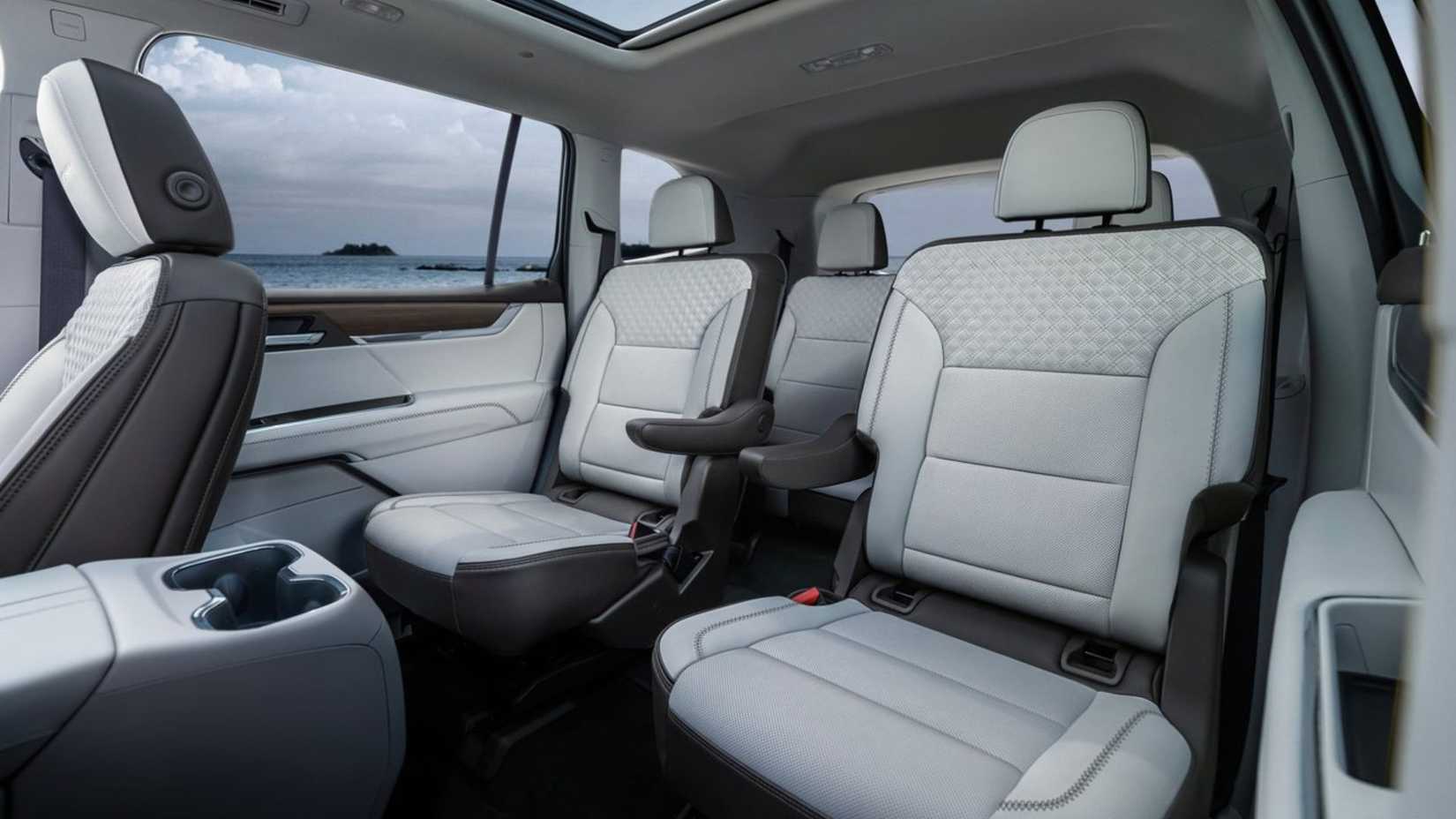 Shot of thsecond-row and third-row seats in a 2024 GMC Acadia.