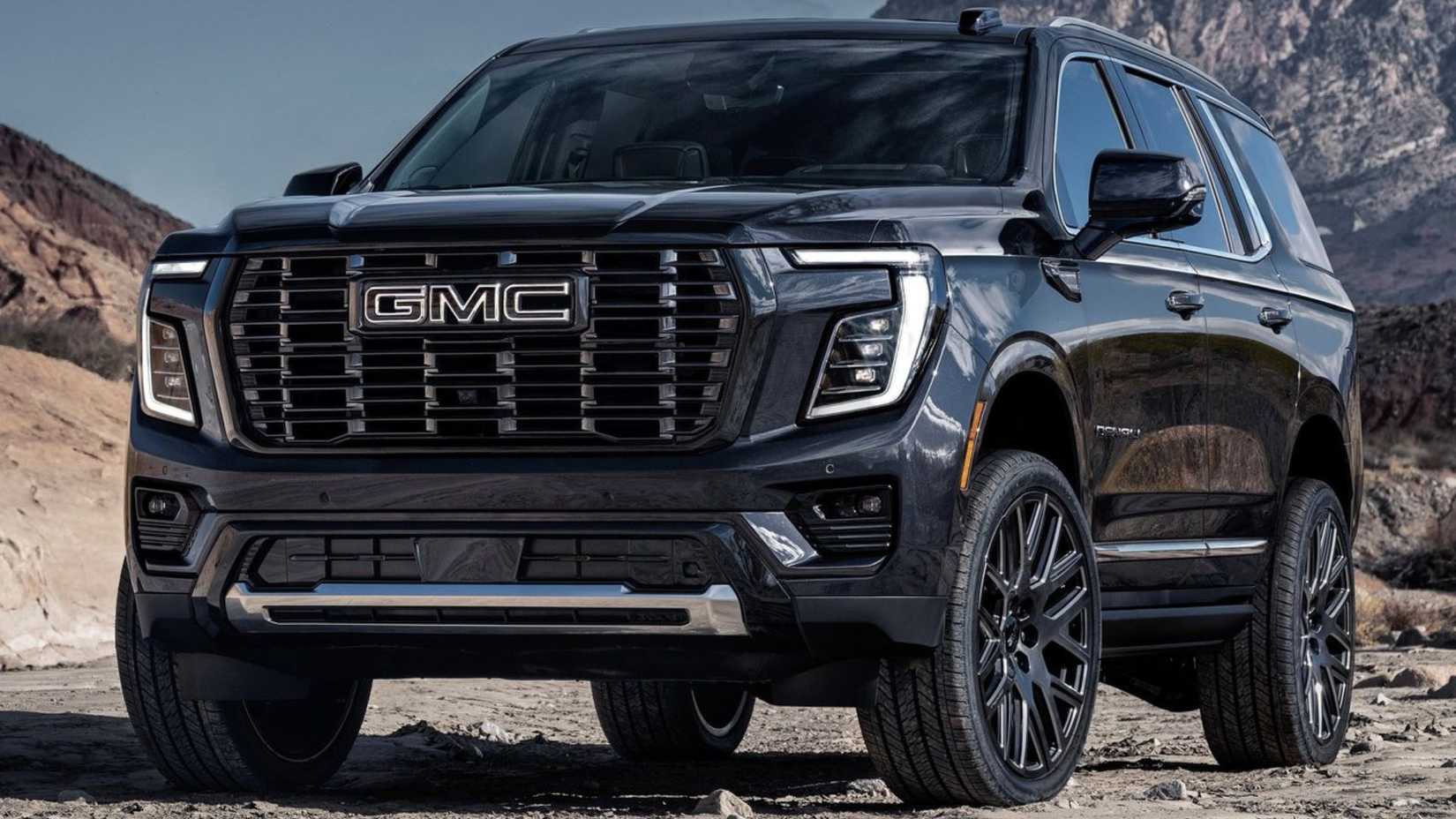 2025 GMC ユーコン デナリ ブラック 3/4 フロント静的ショット。
