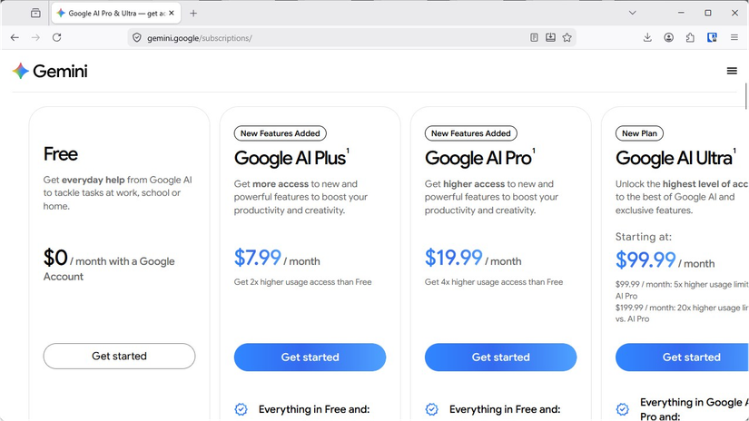 The Google AI Pro subscription pricing and feature comparison page. 