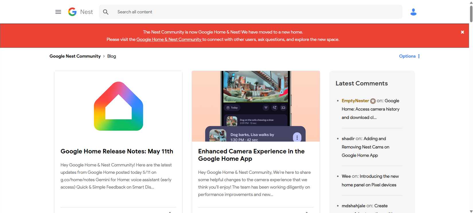 A screenshot of the old Google Nest Community page