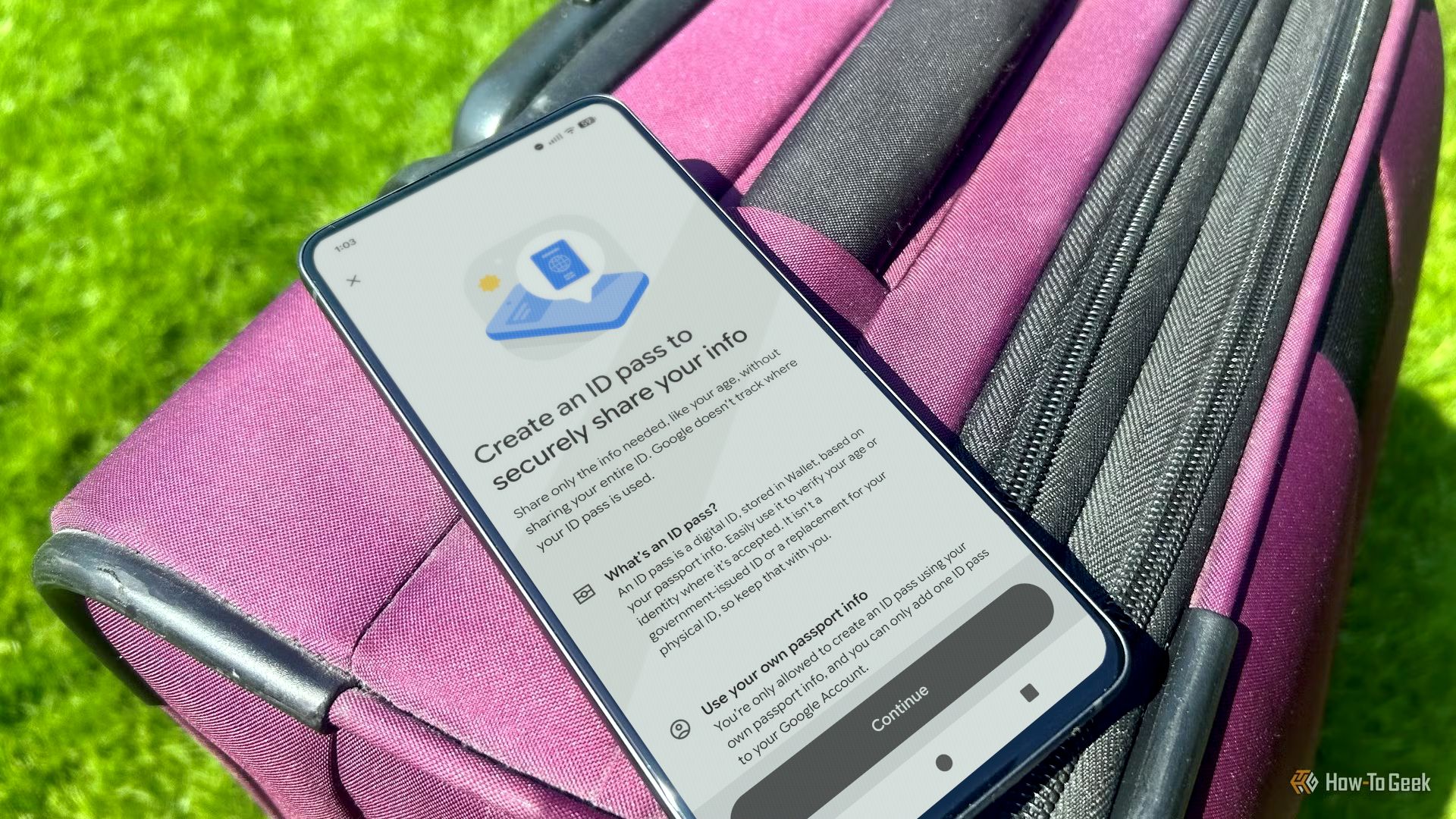 Google Wallet open on a suitecase