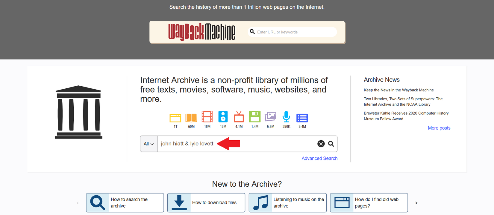 Performing a basic search on the Internet archive using the text 'John Hiatt & Lyle Lovett"