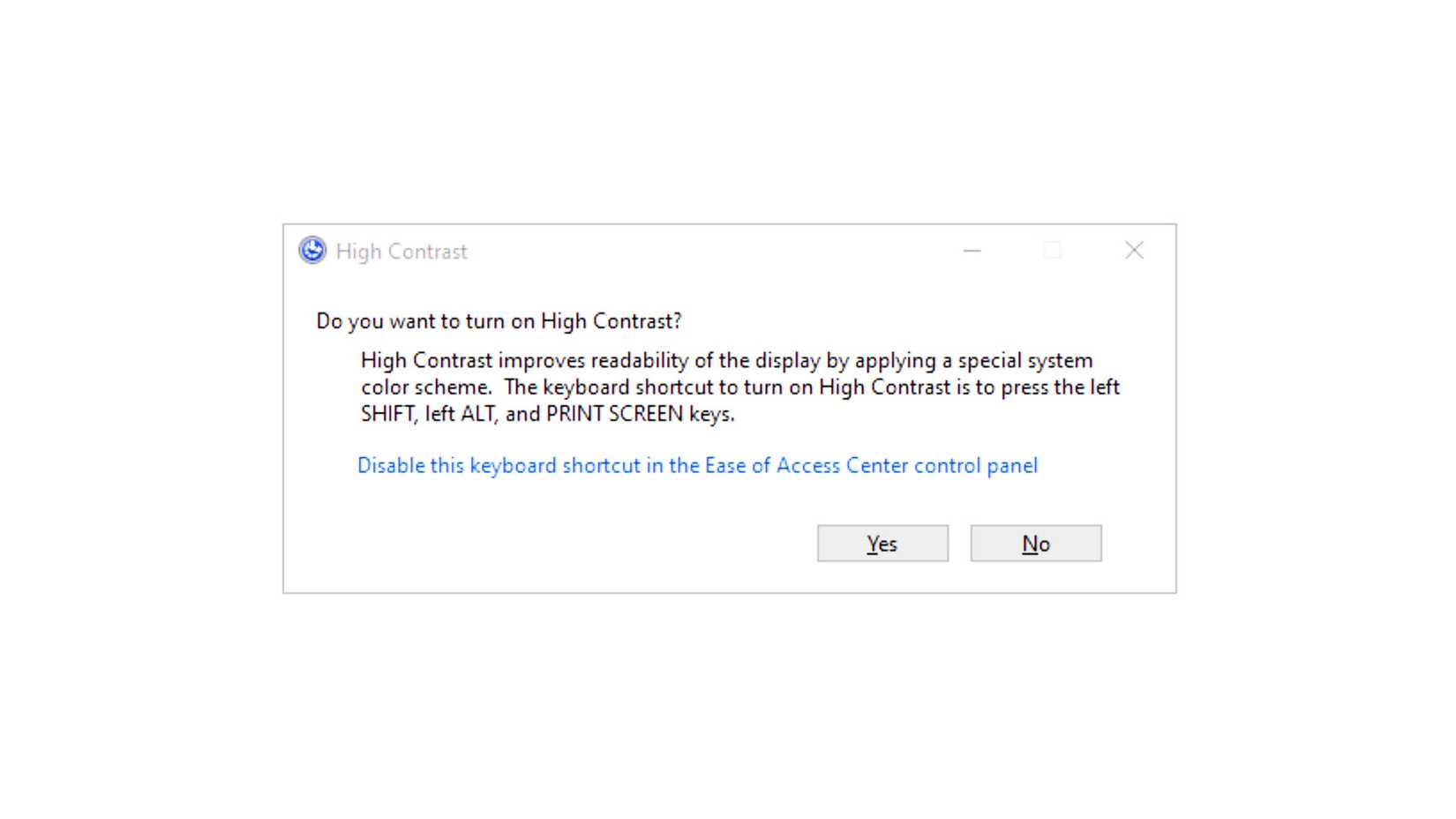 High Contrast Mode being explained in a dialogue box