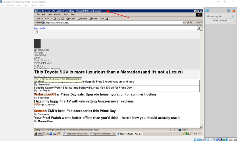 How-To Geek running, poorly, on Internet Explorer 5 in VirtualBox.
