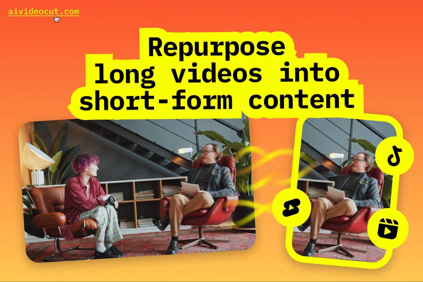 Graphic showing AI software converting long videos into short-form clips for social media platforms.