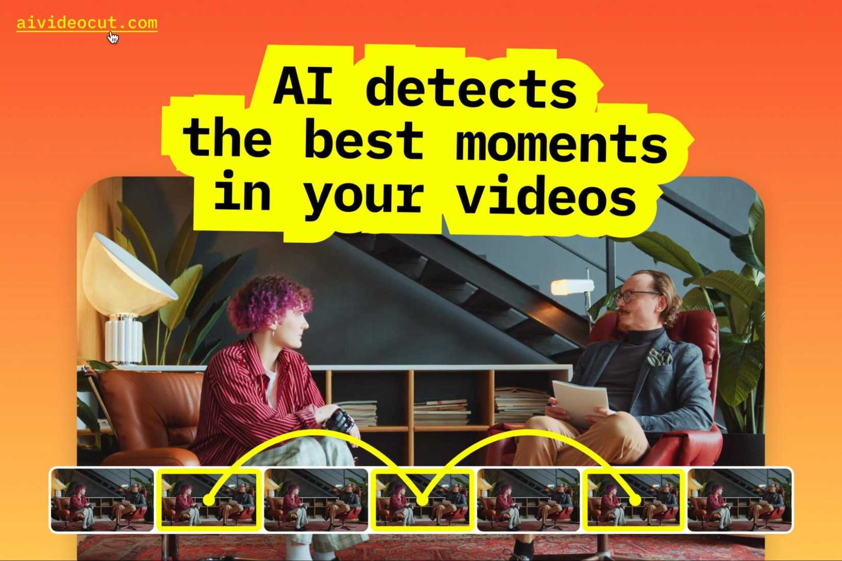 Graphic showing AI automatically selecting highlight moments from a longer video timeline.