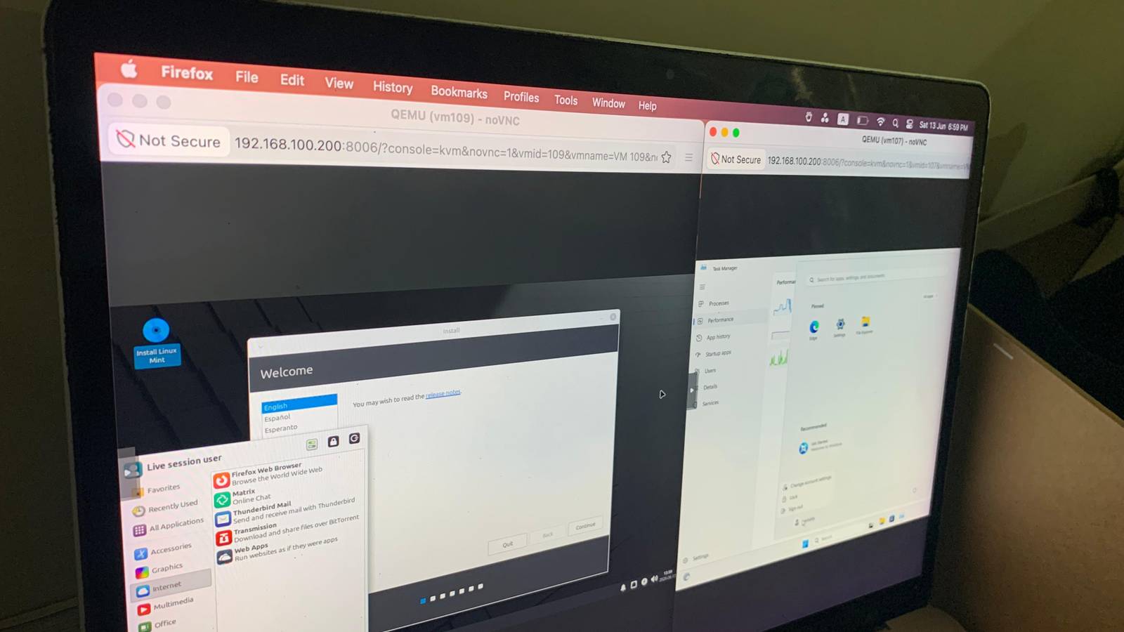 Proxmox is running both virtual machines side by side.