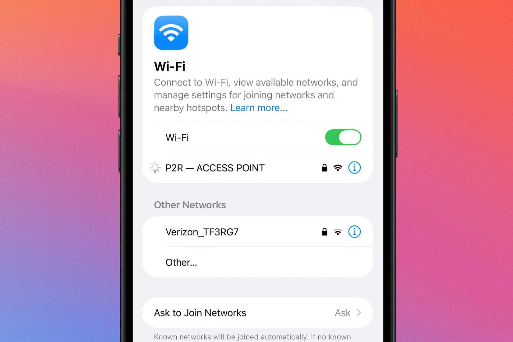 Connecting to an access point network on an iPhone in front of a colorful background.