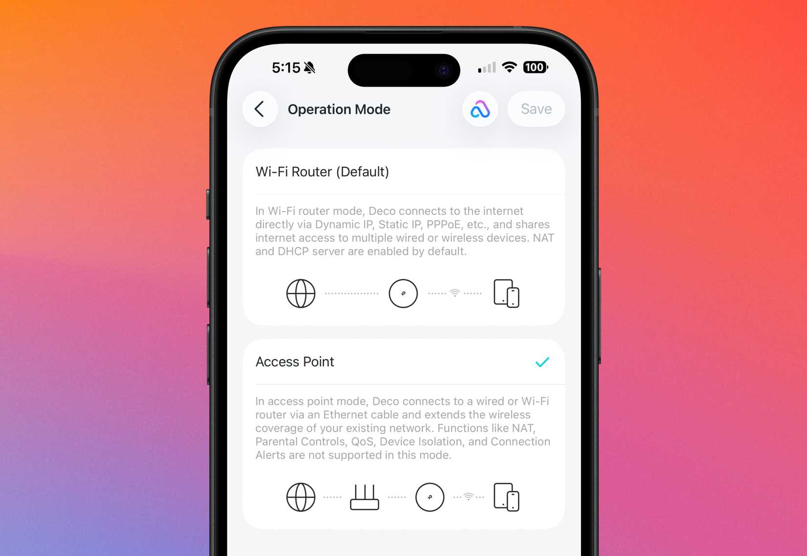 Two different modes in the Deco app on an iPhone in front of a colorful background.