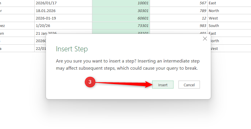 Insert is selected in Power Query's Insert Step warning box.