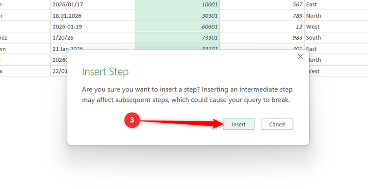 Insert is selected in Power Query's Insert Step warning box.