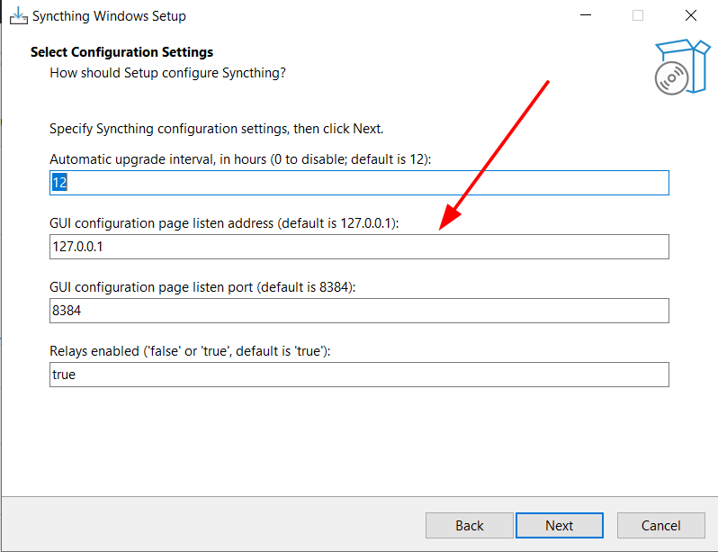 Installing syncthing on a computer, showing the port for the software.